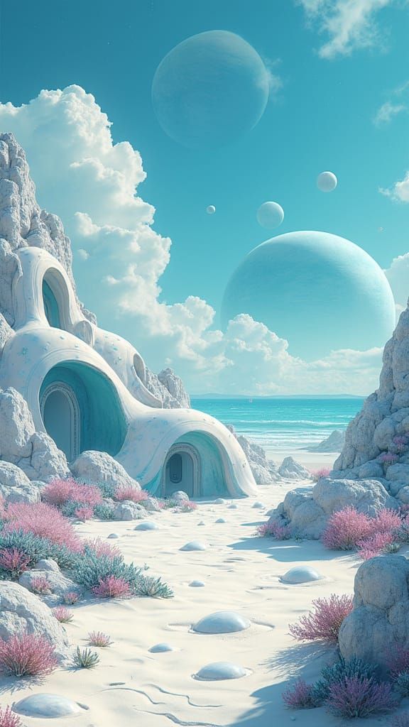 Alien Beach with Organic Architecture in Futuristic Style
