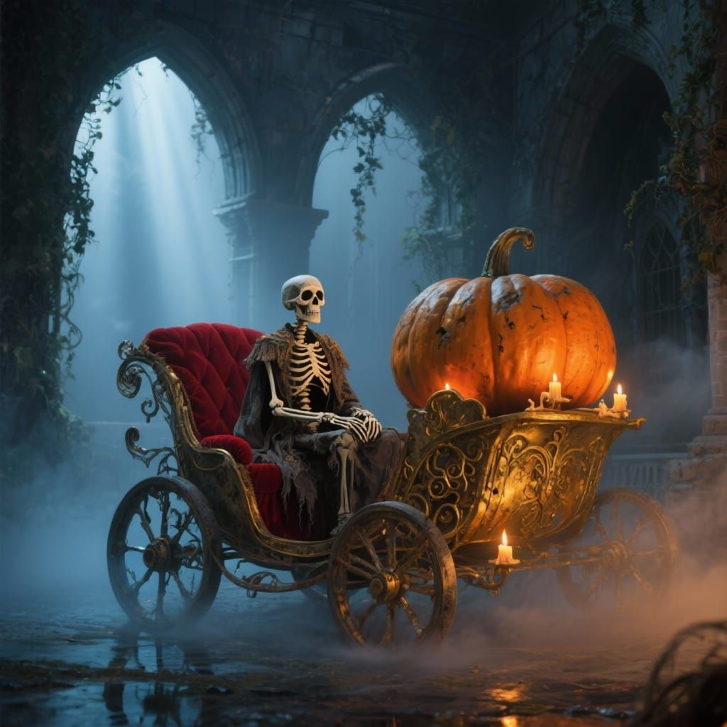 Skeleton in Decaying Golden Pumpkin Carriage