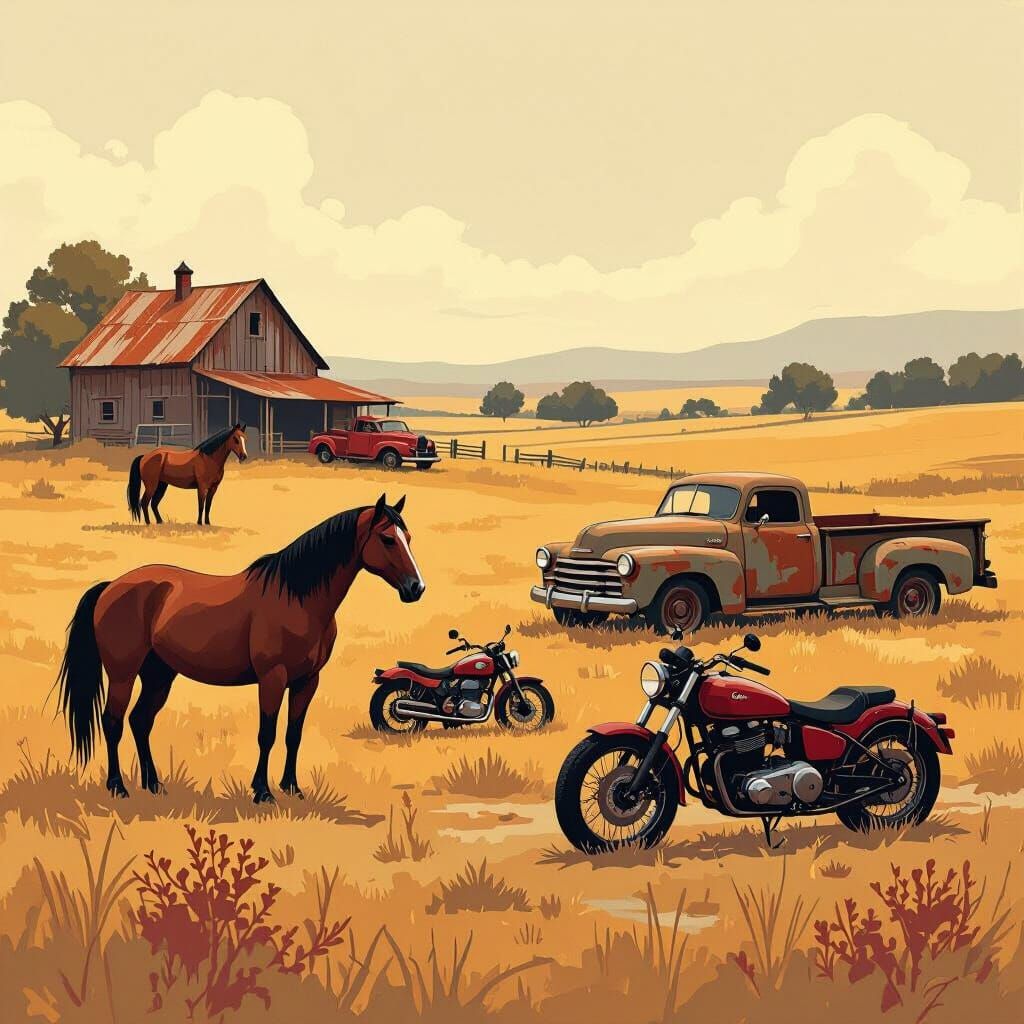 Nostalgic Countryside: Horses, Cars, Trucks, Motorcycles