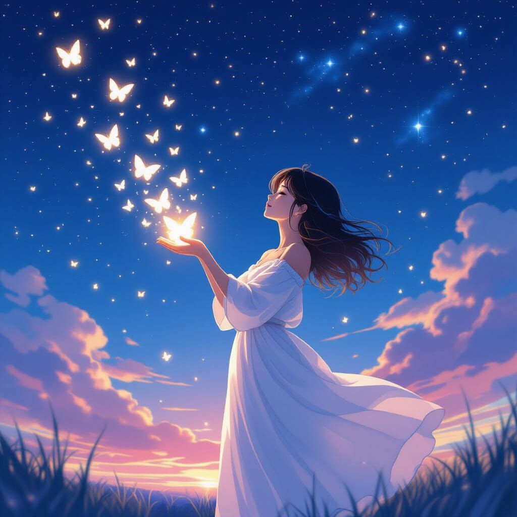 Woman Releases Butterflies Under Starry Night Sky