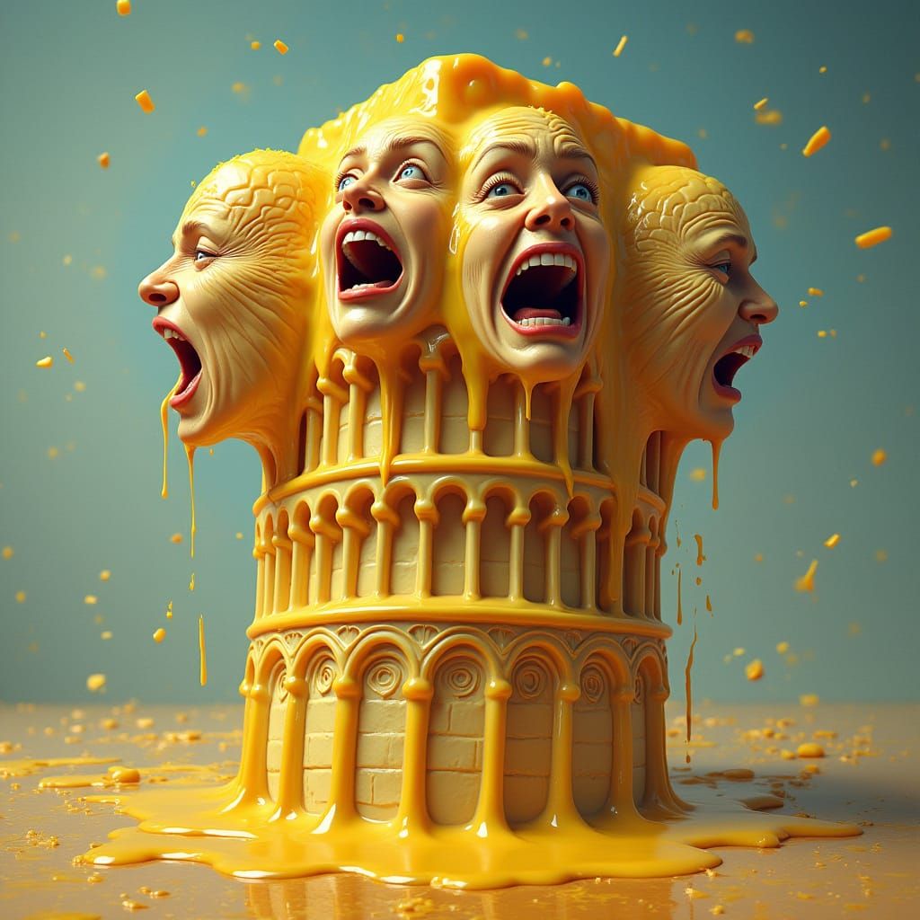 Surreal Melted Cheese Tower Transforms into Human Heads in a...