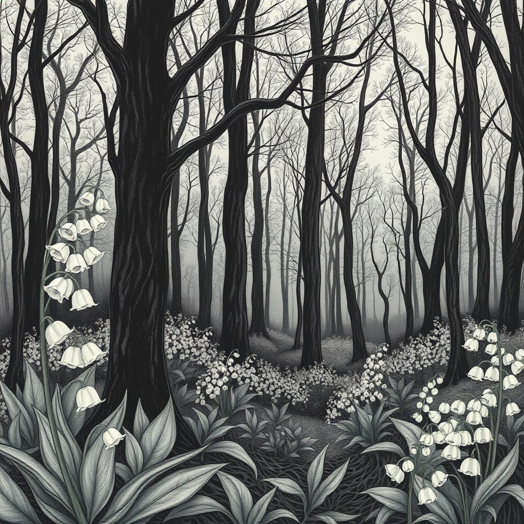 Surreal Forest Scene in Hyper-Realistic Charcoal Drawing