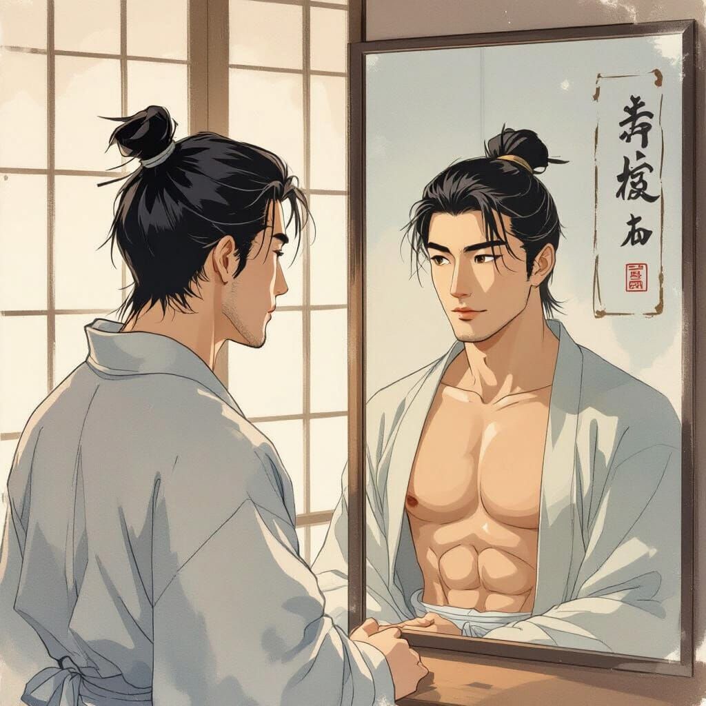 Man Contemplates Reflection in Yamato-e Style