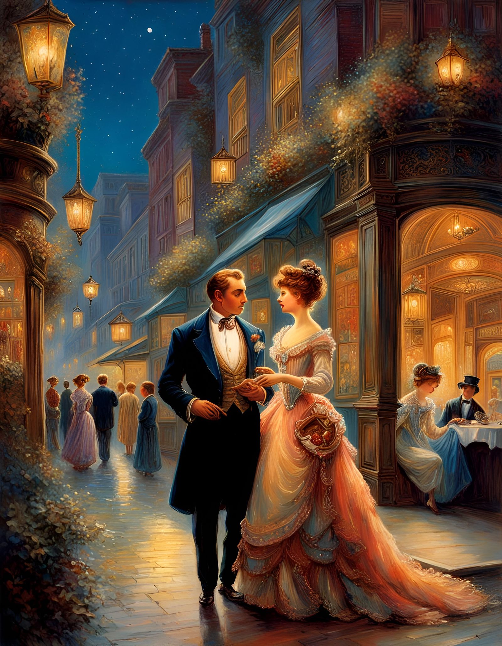 Elegant Couple Leaving Restaurant at Night
