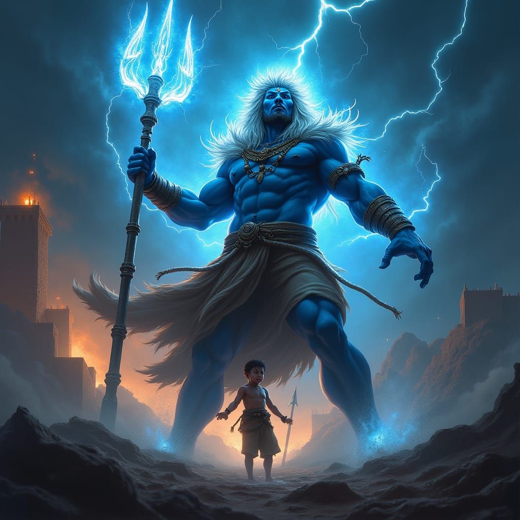 Fierce Blue God Unleashes Power in Stormy Scene