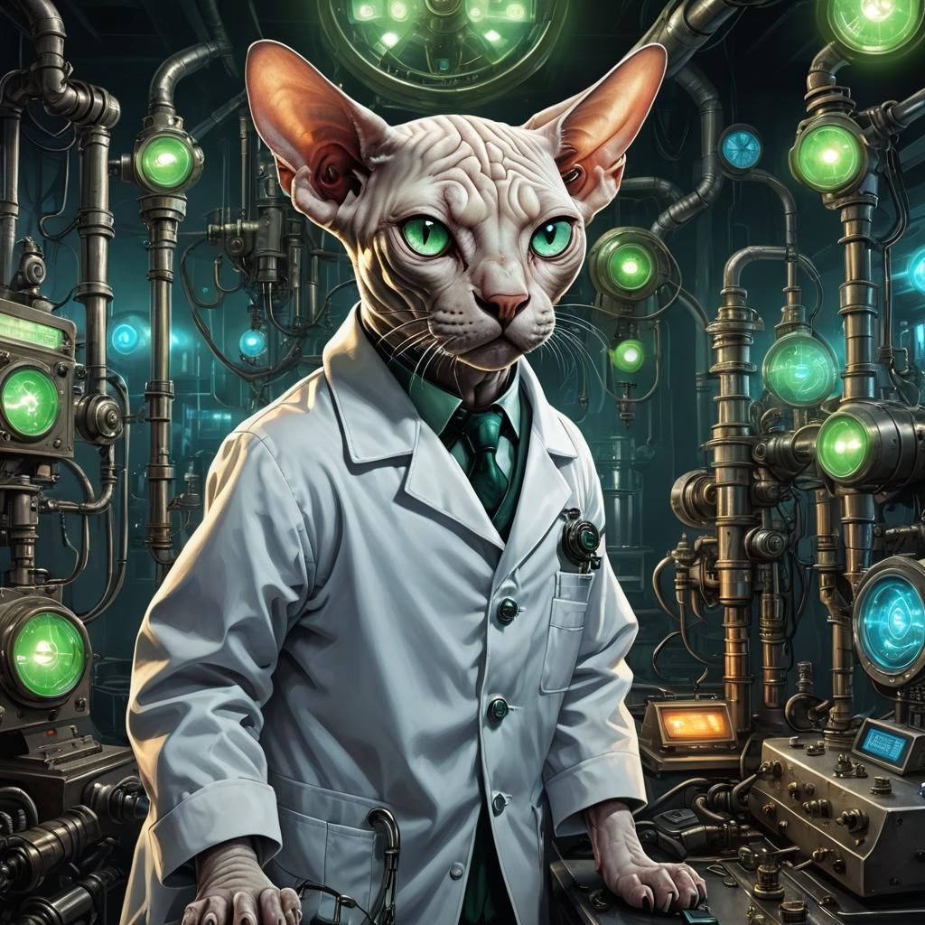 Steampunk Cat Scientist in Sci-Fi Horror Lab