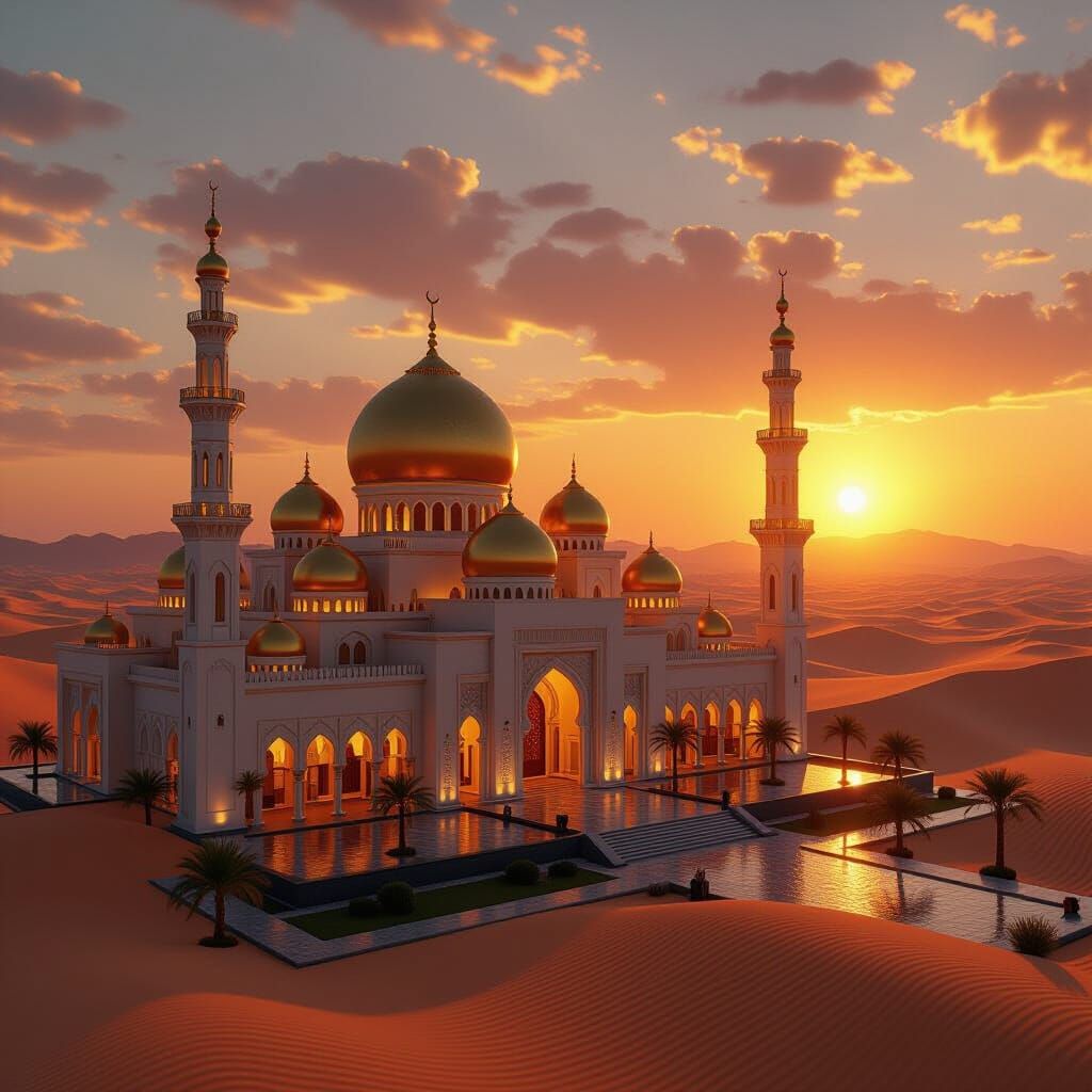 Majestic Arabian Palace at Desert Sunset, Digital Matte Pain...