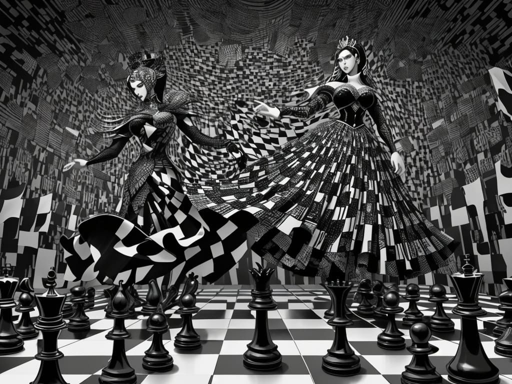 Woman in Chess Skirt with Floating Pieces