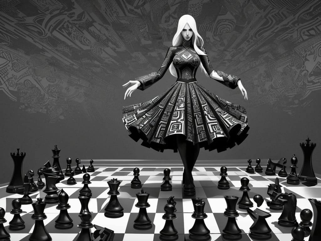 Woman in Chess Skirt with Floating Pieces