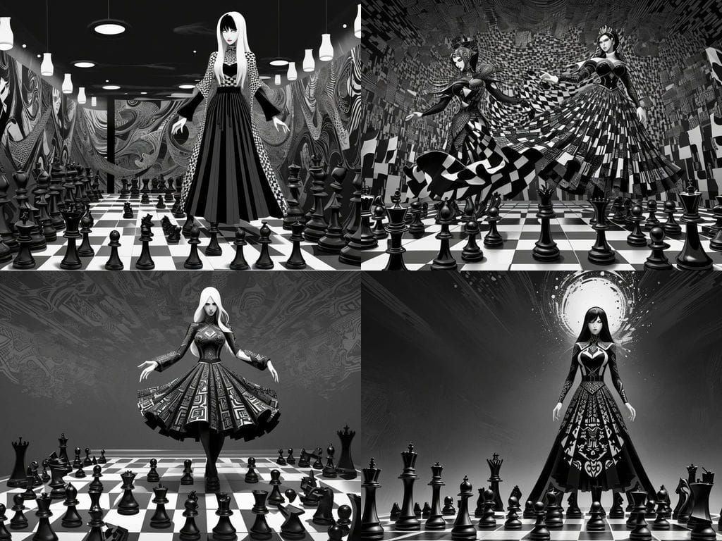 Woman in Chess Skirt with Floating Pieces