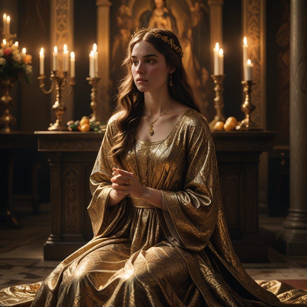 Young Girl in Golden Dress Prays Before Catholic Altar