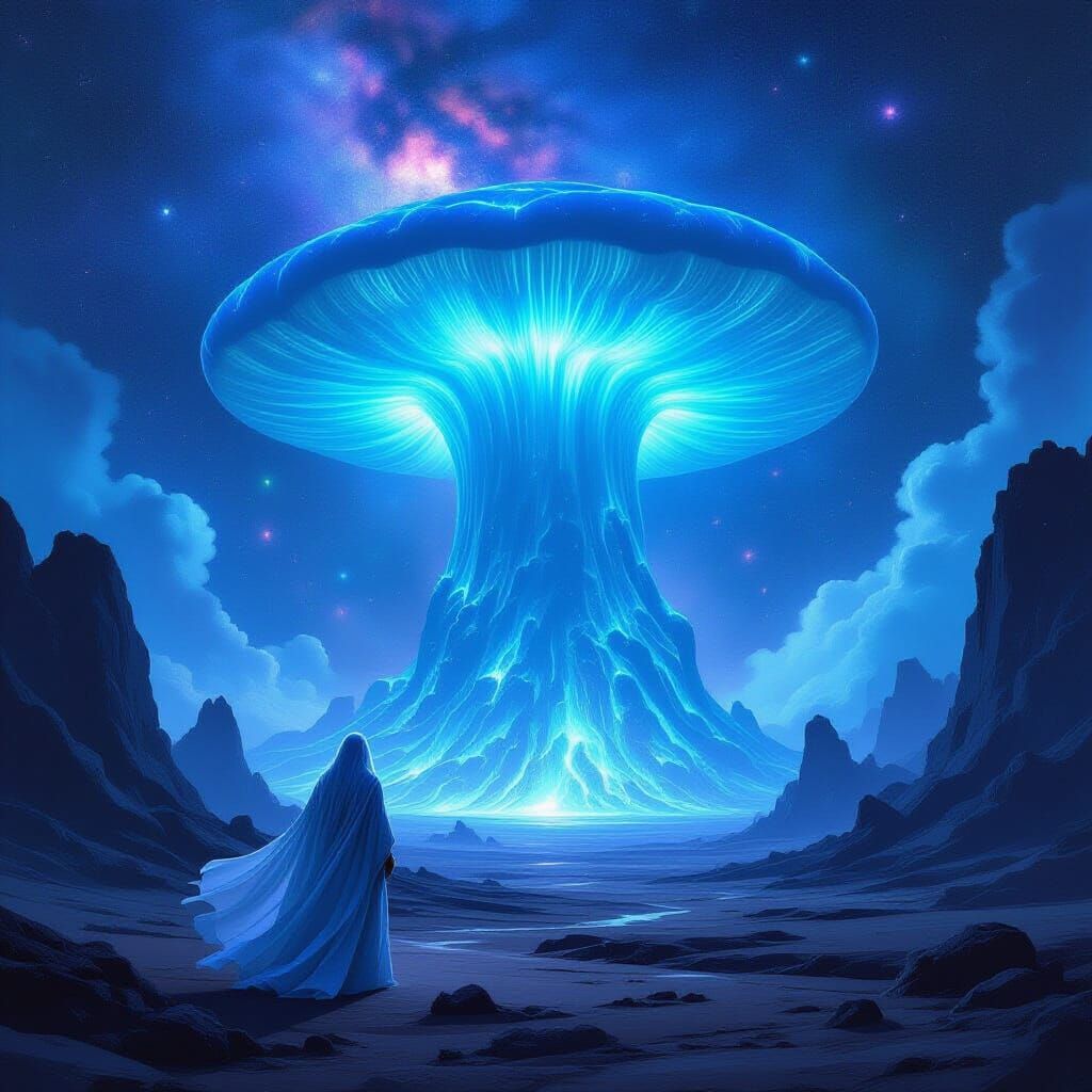 Ethereal Figure Awestruck by Alien Mushroom Forest