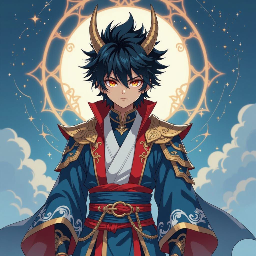 Anime Dragon Boy in Blue, Red, Gold, and White