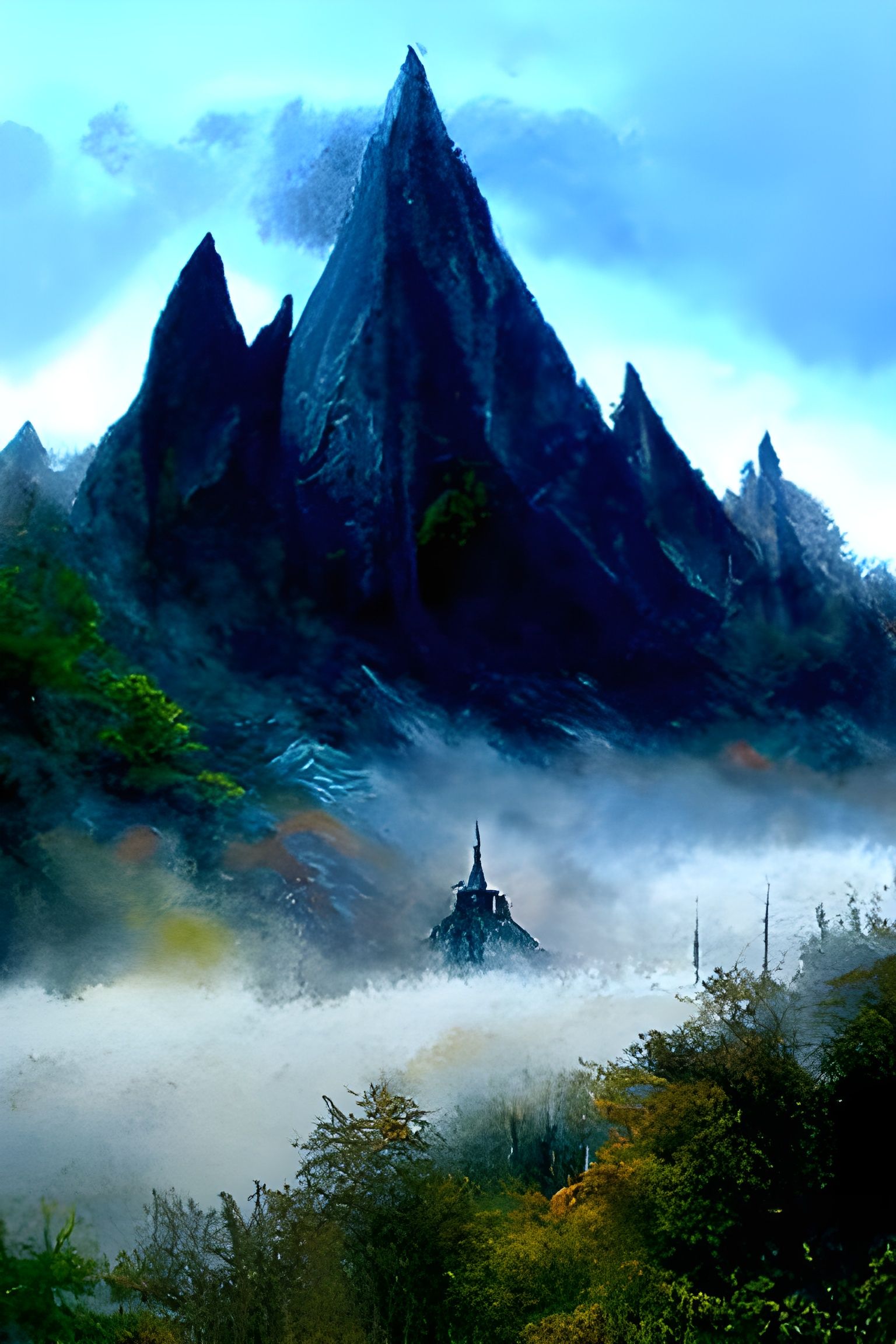 Ethereal Misty Mountain Landscape in Sinister Style