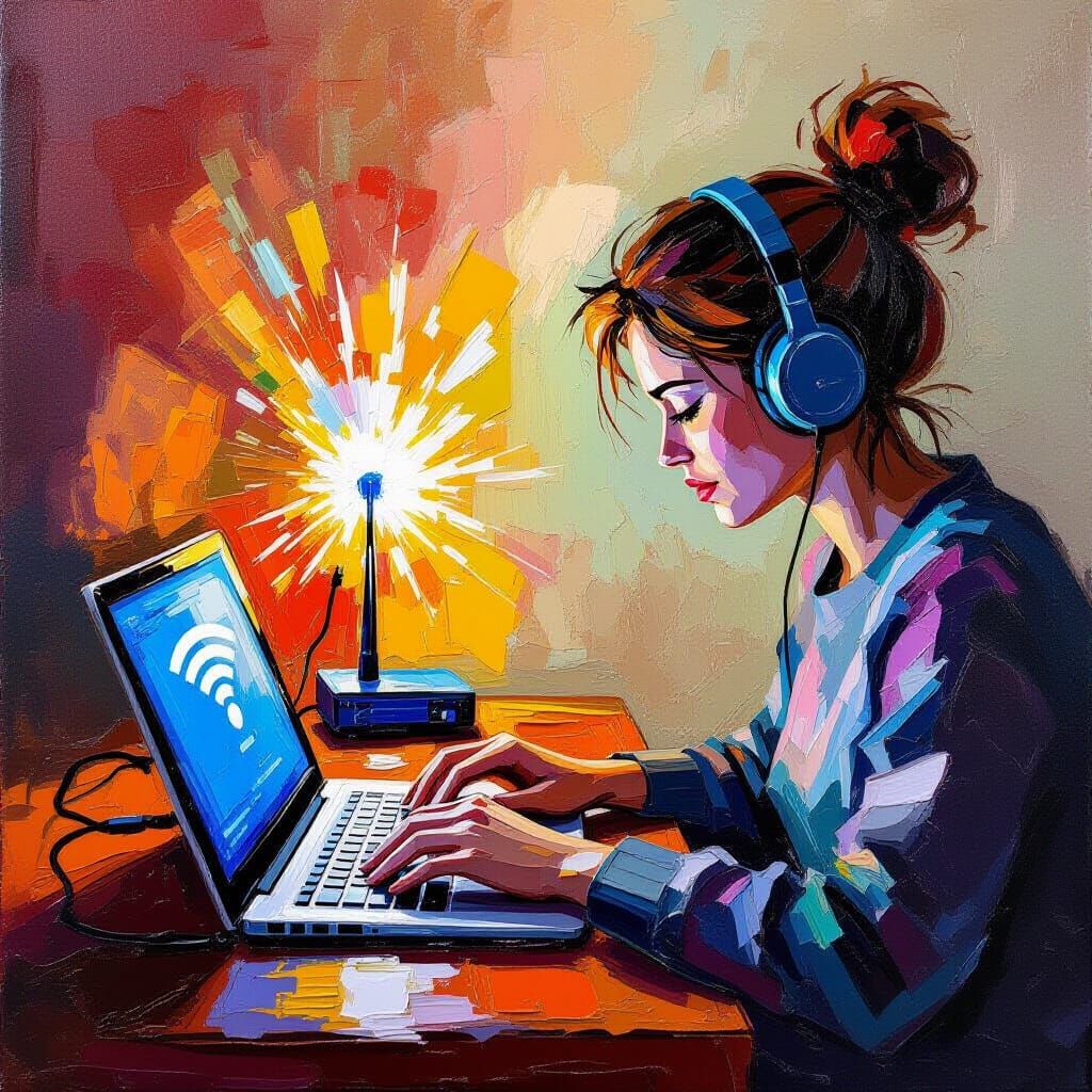 Person Typing as WiFi Router Dies, Impasto Oil Painting