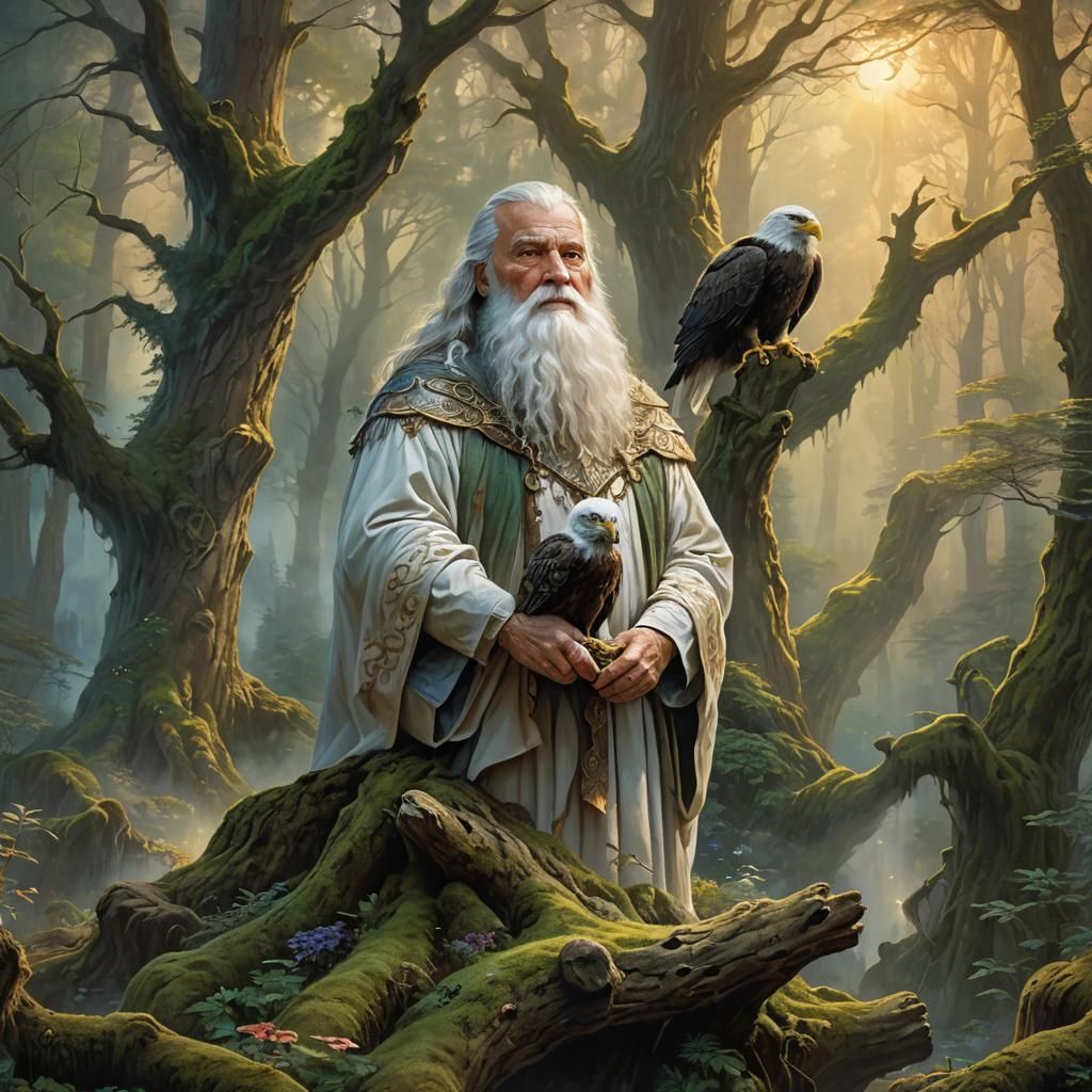 Wise Wizard in Enchanted Forest with Eagle