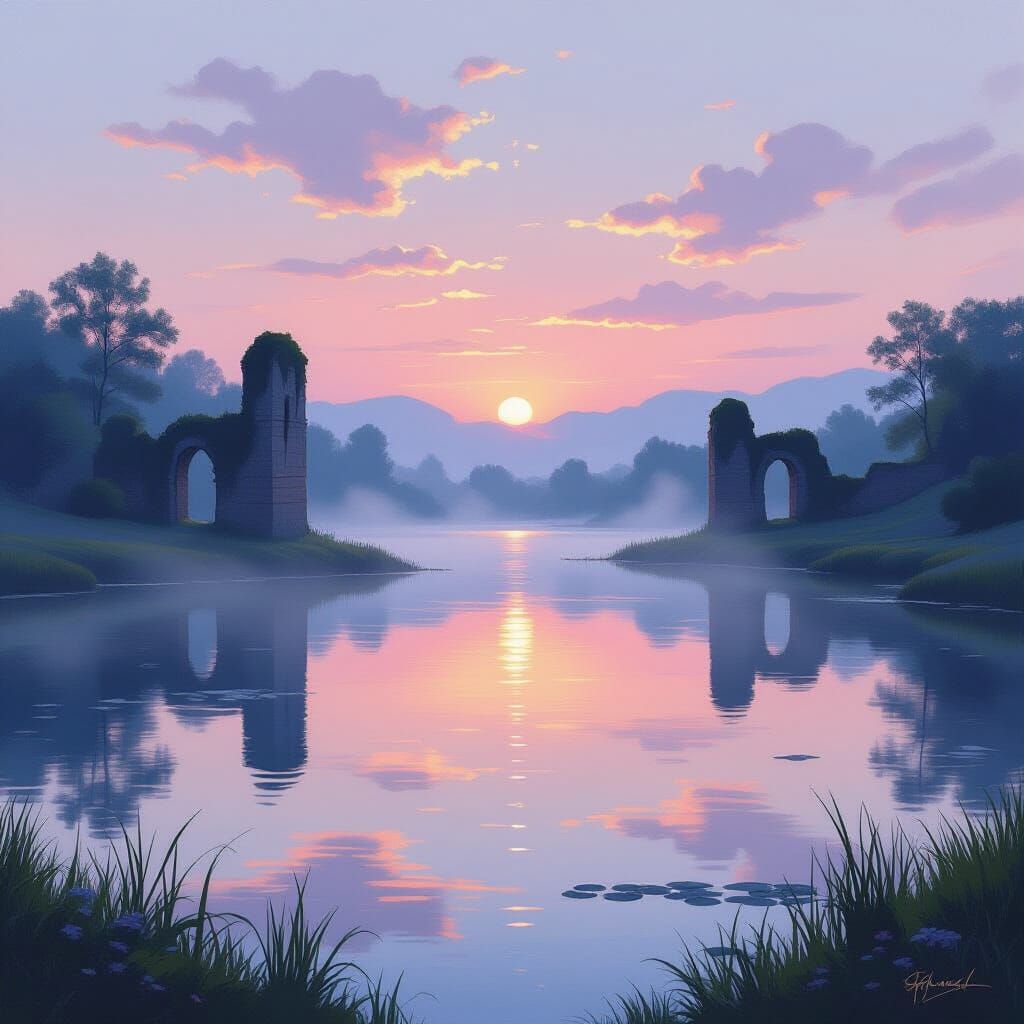 Misty Lake at Dawn Impressionistic Landscape