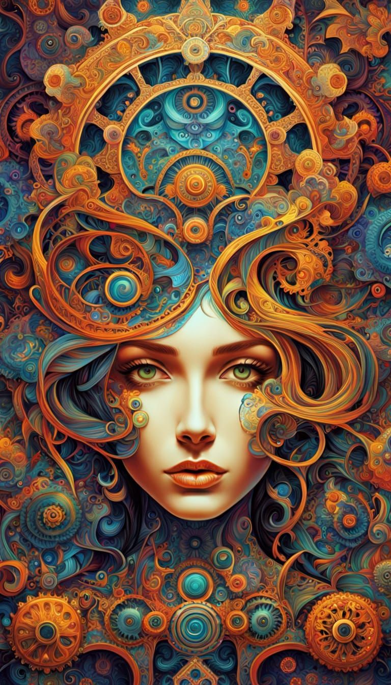 Surreal Woman's Face in Ornate Frame with Gears