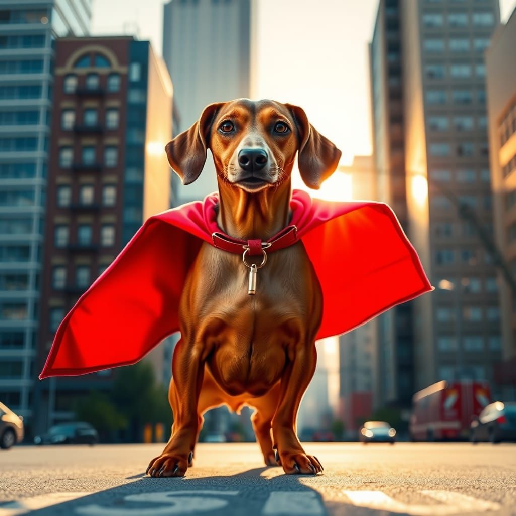 Superhero Red Dachshund in Cityscape at Dawn