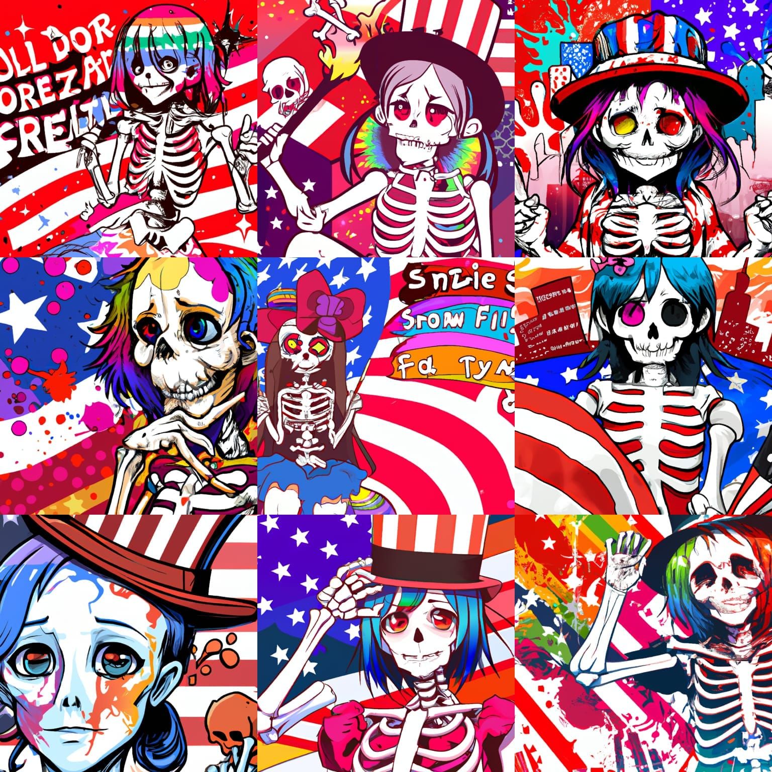 Psychedelic skeleton uncle sam red white and blue Fireworks Melting Anime Girl at american flag in city melted rainbow m...