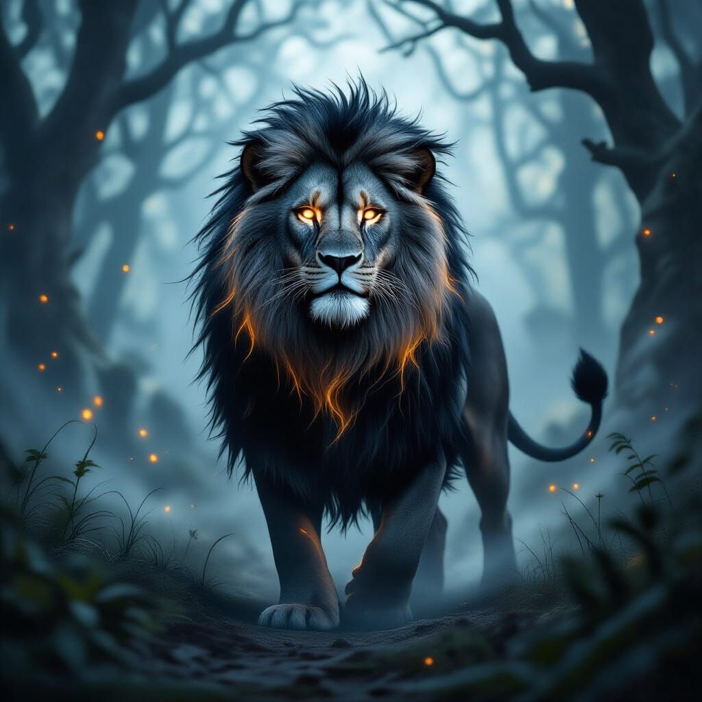 Majestic Lion with Orange Aura in Mystical Forest