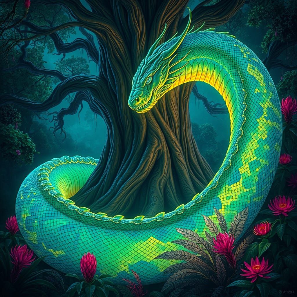 Bioluminescent Serpent in Neon Forest: Matte Painting