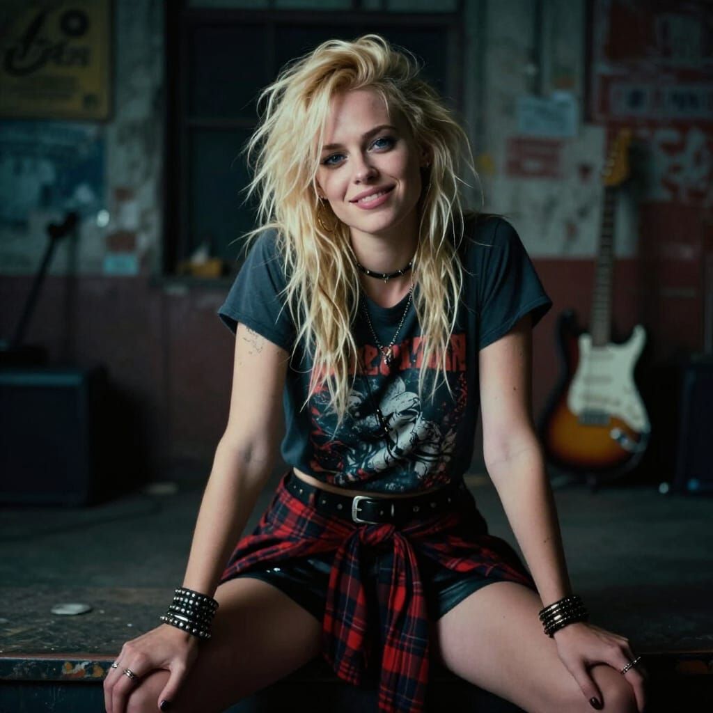 Punk Rock Woman Posing in Band T-Shirt and Plaid Skirt