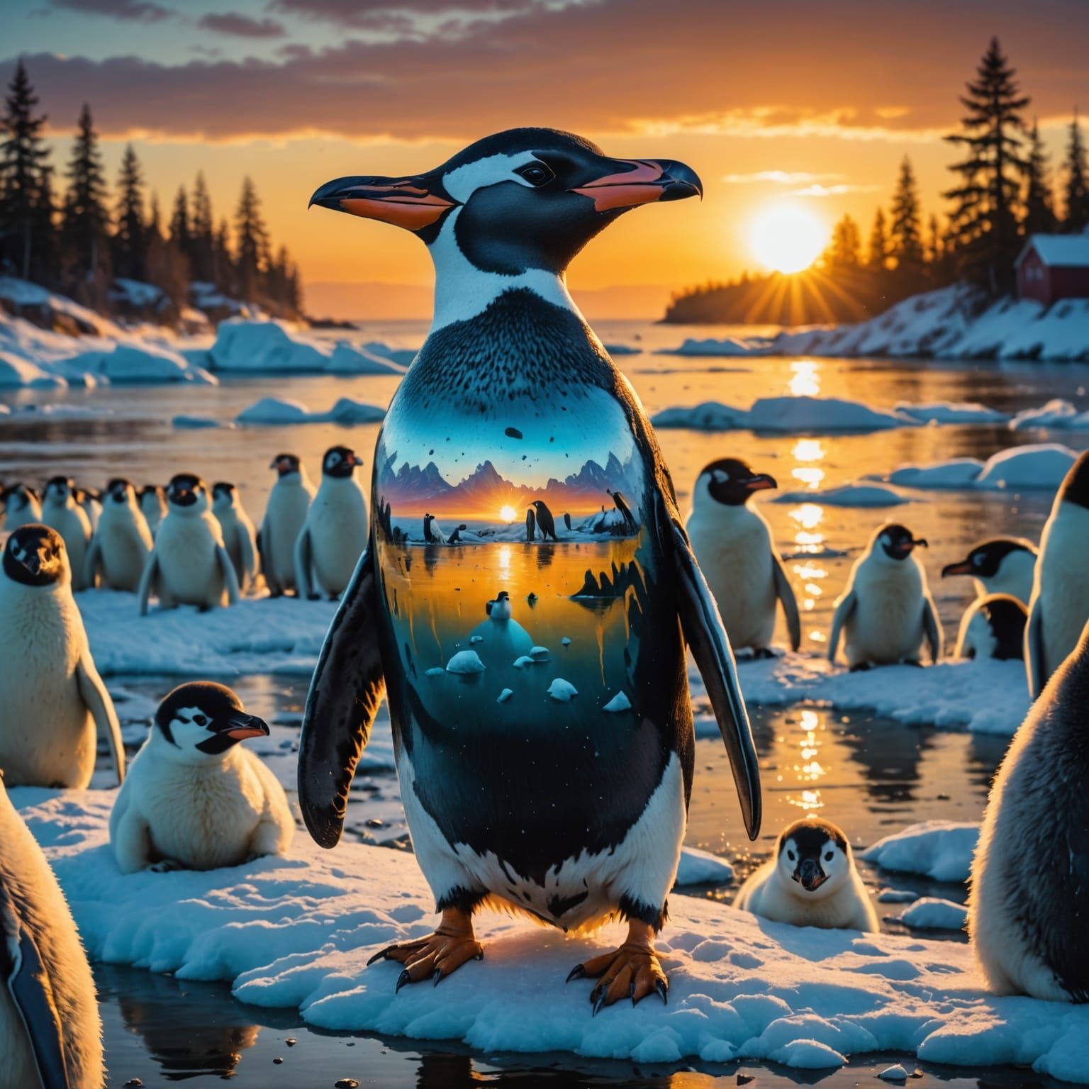 Hyper Realistic Tattoo Penguin in Horror Landscape