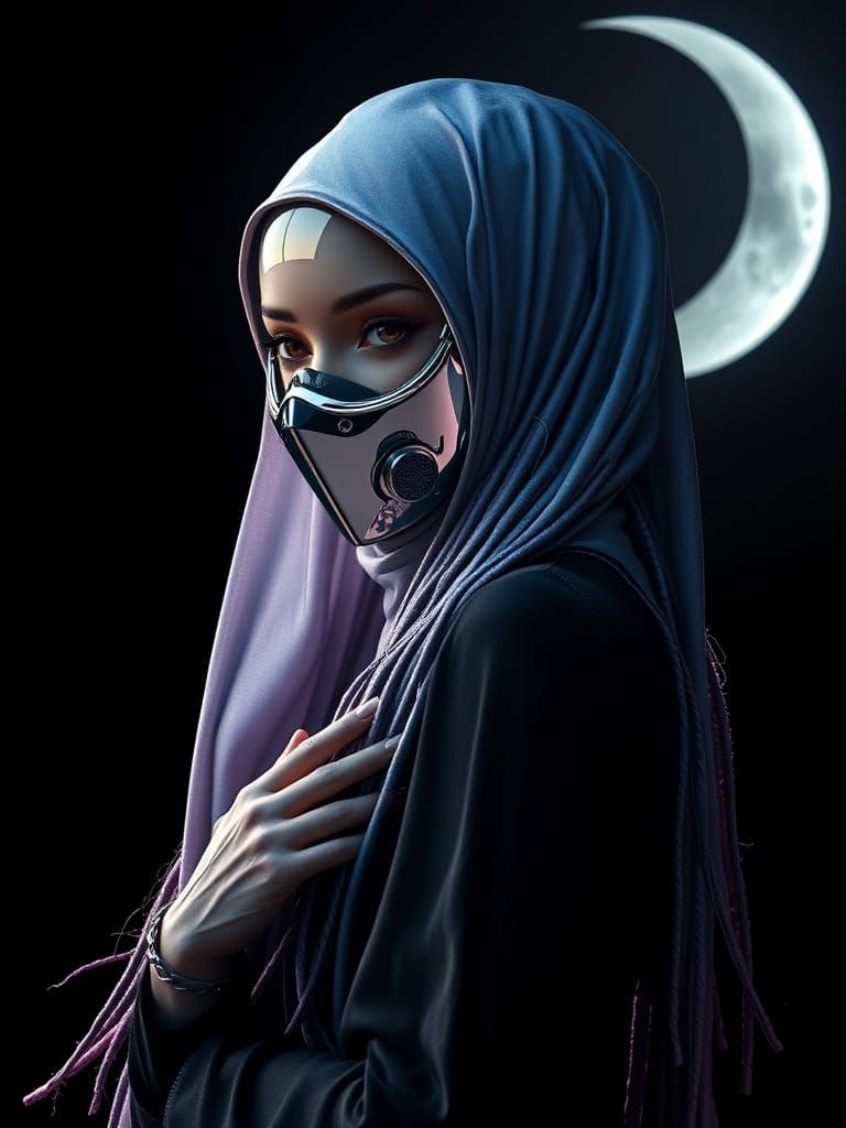 Enigmatic Futuristic Goddess with Chrome Hijab and Luminous ...