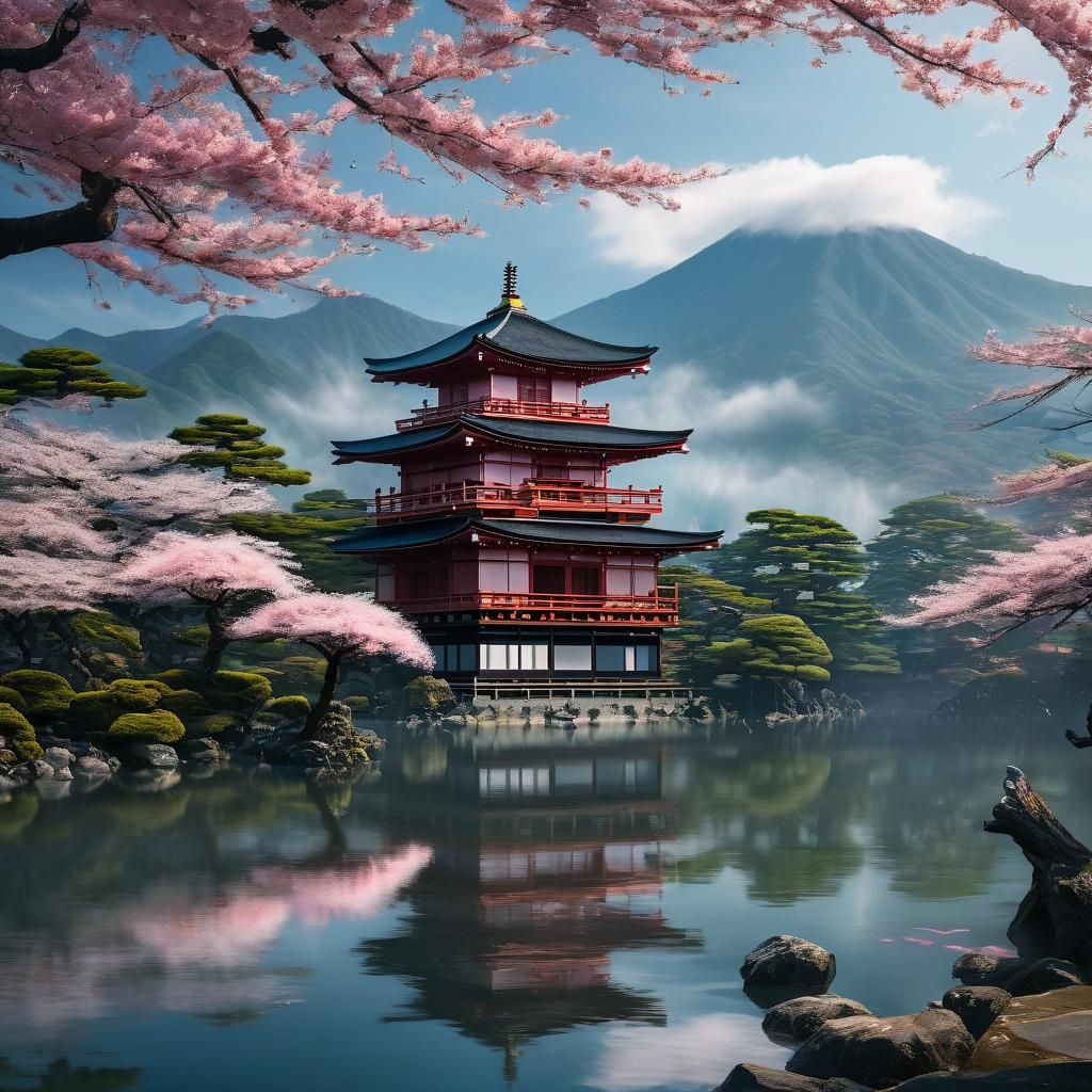 Sakura Tree Over Serene Lake: 3D Anime Style