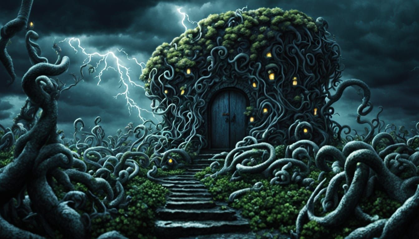 Dark Fantasy Maze of Glowing Fungi and Statues