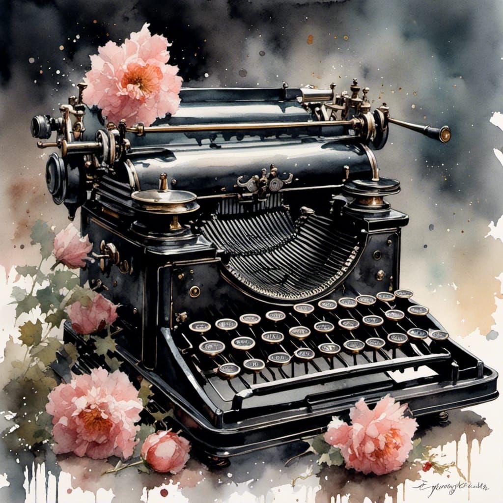 Vintage Remington Typewriter with Flowers in Watercolor