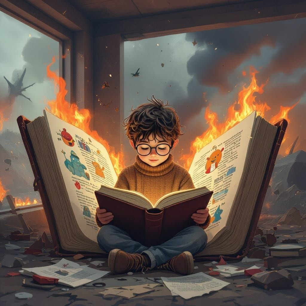 Boy Reads Book Amidst World's Destruction