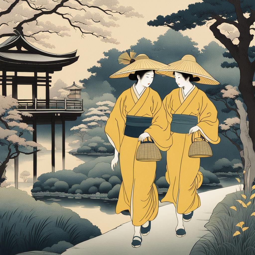 Girls in Garden: Ukiyo-e Woodblock Print