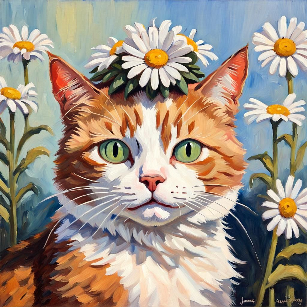 Impressionist Oil Painting of a Cat with Daisy