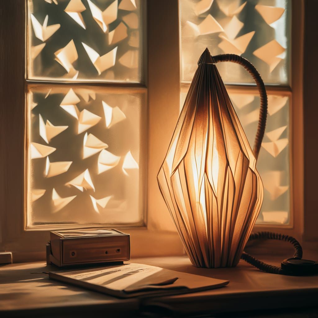 Origami Paper Lamp Illuminates Desk in Golden Light