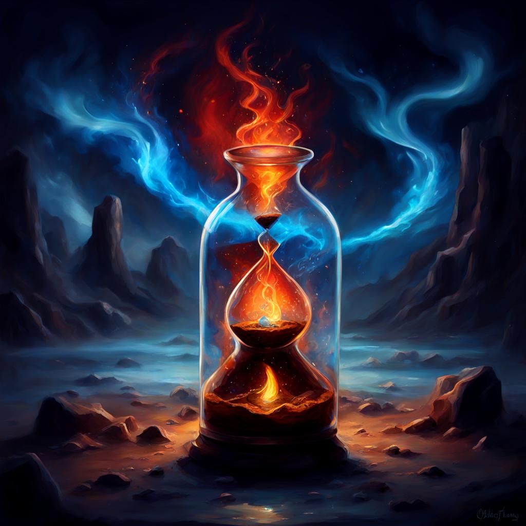 Mystical Hourglass with Blue Flames, Impasto Painting