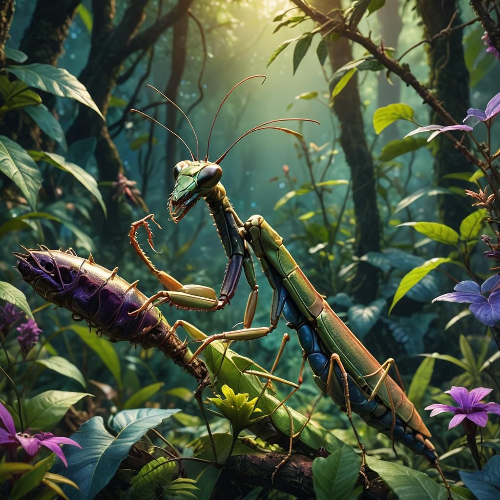 Mantis Devours Epic Insect in Vibrant Fantasy Landscape