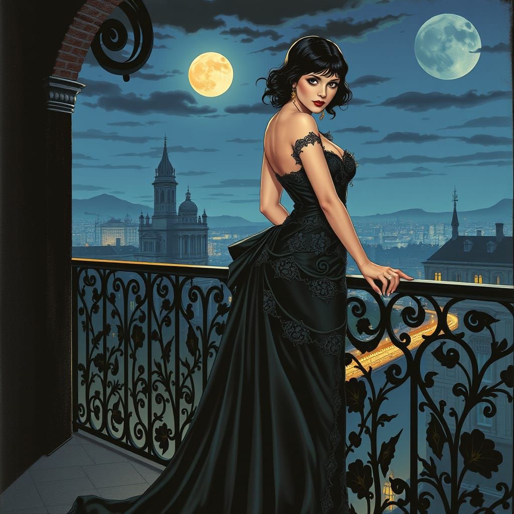 Art Nouveau Vampire on Gothic Balcony Overlooking City