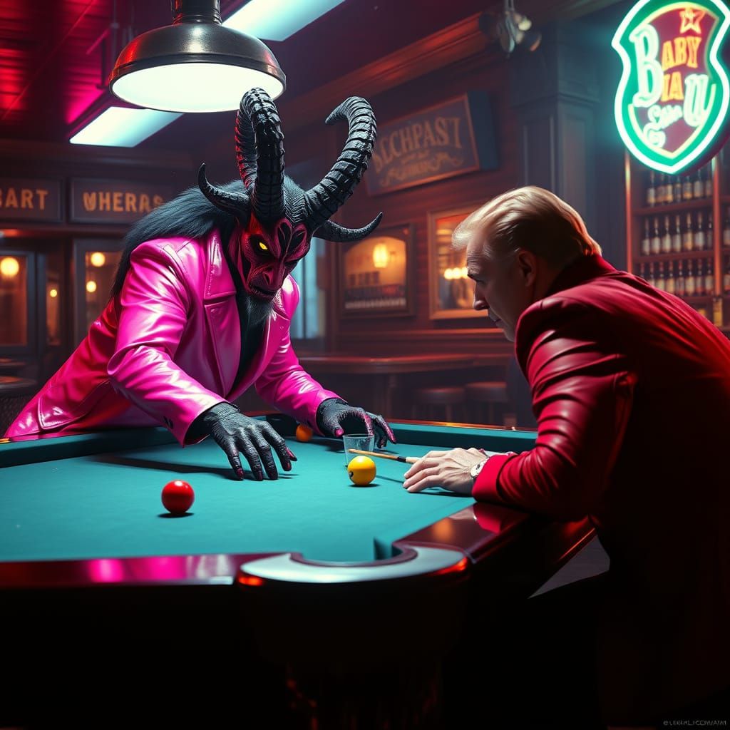 Krampus Plays Pool in Cyberpunk Style