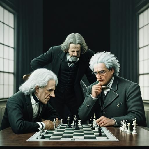 Newton and Einstein Play Chess: Cinematic Film Still