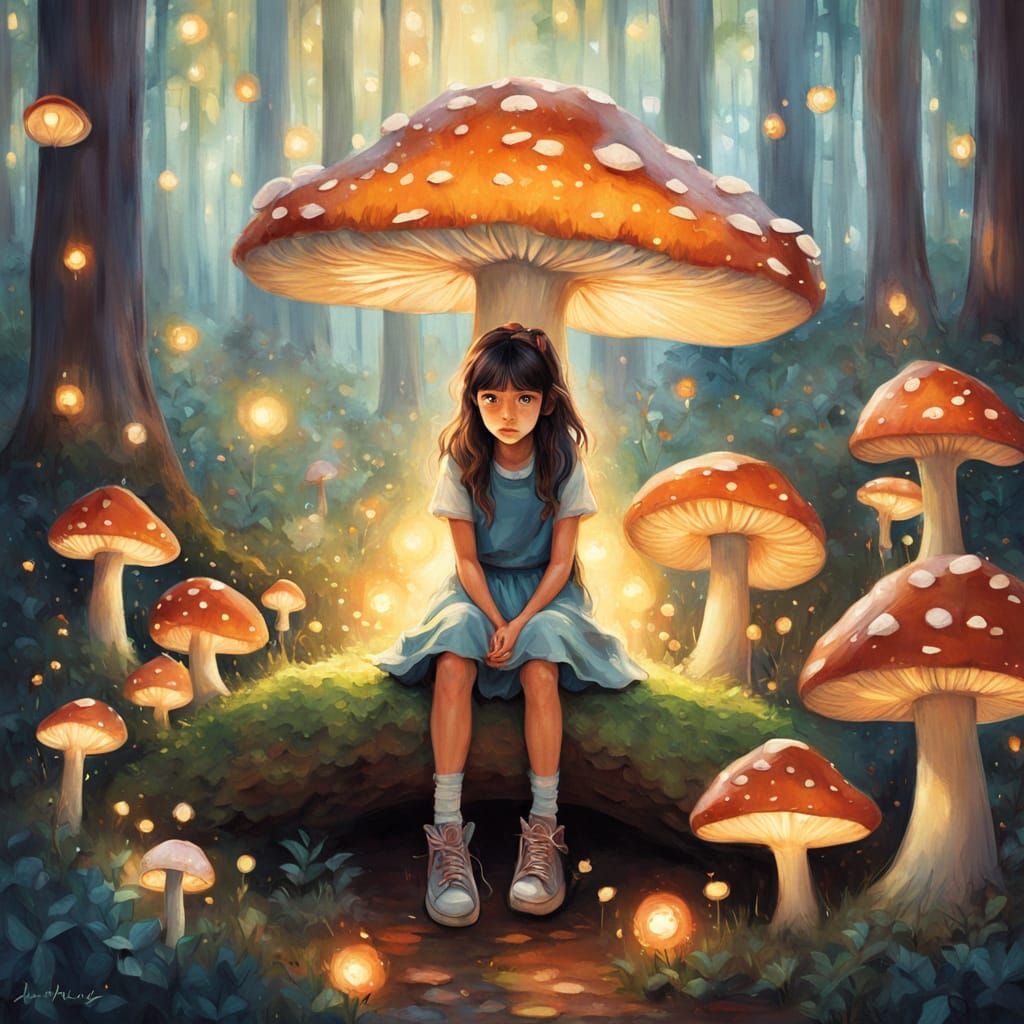 Girl on Fluffy Mushroom with Fireflies in Dappled Sunlight