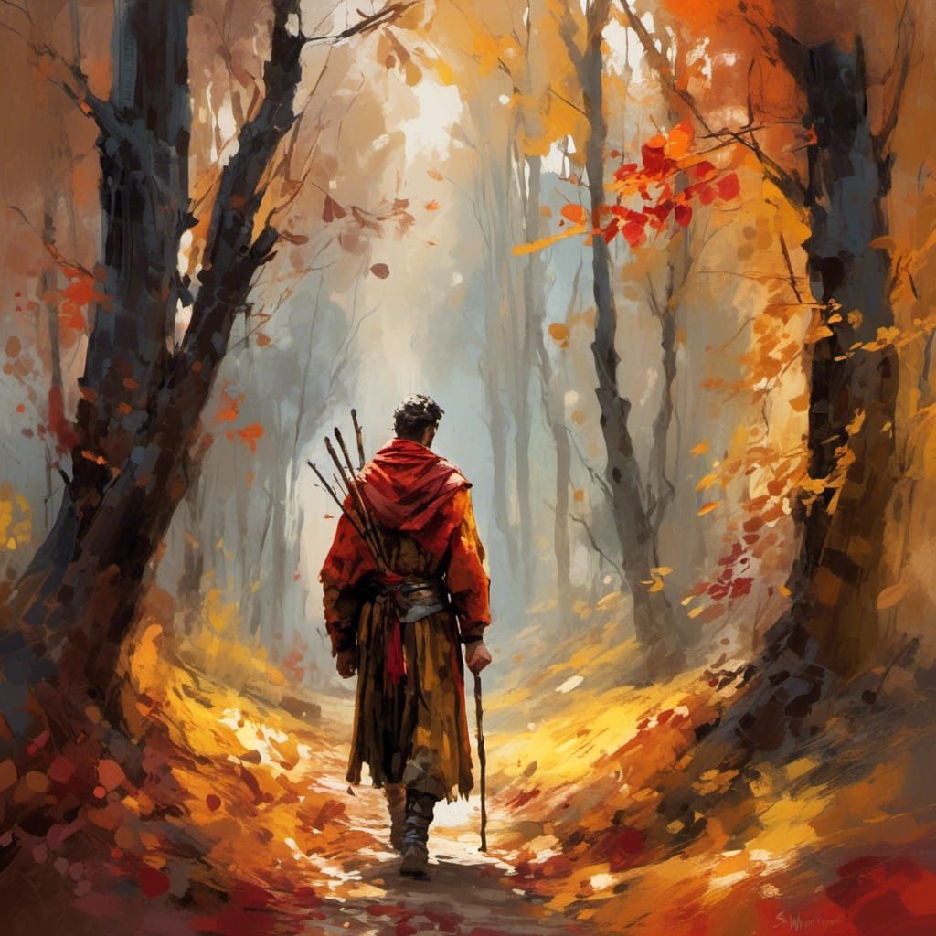 Autumn Woods: Fauvist Painting of a Lone Traveler