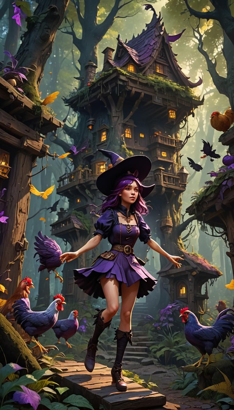 Witch's Hut Dancing in Forest, Dark Fantasy Concept Art