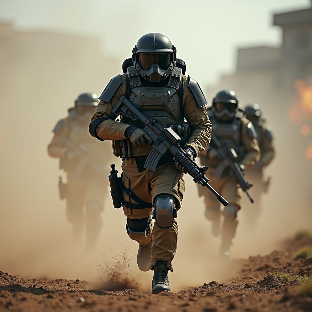 Armored Soldier Marches Through Impact Zone