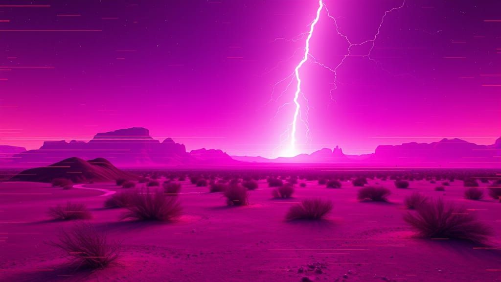 Glitching Desert Landscape with Violet Lightning