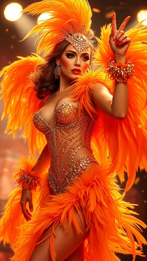 Dazzling Showgirl in Orange Art Deco Style