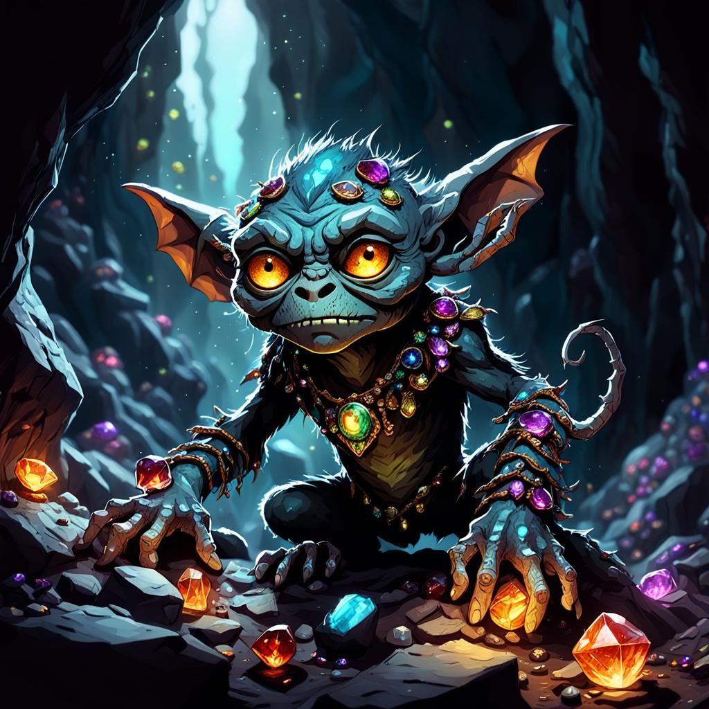 Gem-Eyed Gremlin in Shadowy Cavern: Dark Fantasy Art