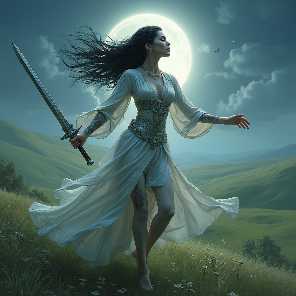 Ethereal Drow Priestess Dances Under Starry Moonlit Skies