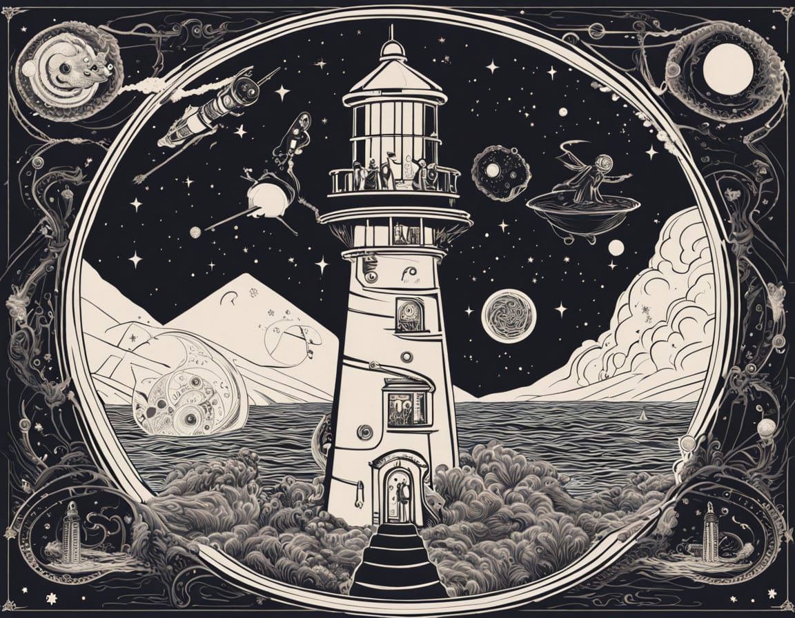 Cosmic Lighthouse at Universe's Edge in Steampunk Style